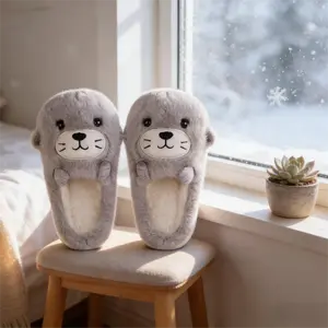 Seal Pup Plush Slippers for Women | Marine Animal Design Home Footwear | Cozy Room Shoes