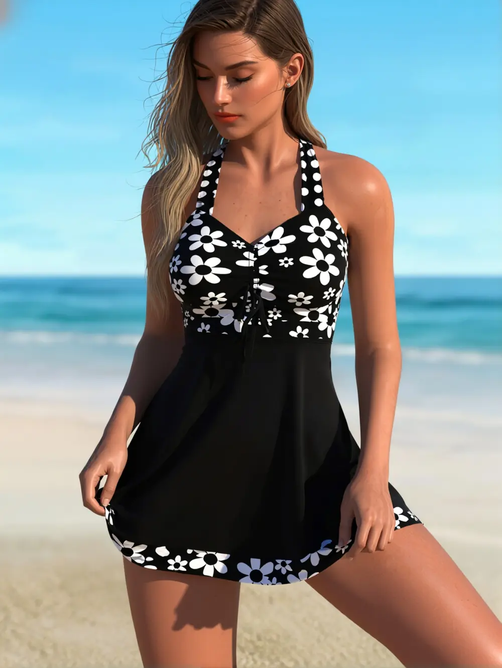 Women's Elegant Halter Vibrant Floral Print Swim Dress Swimsuit - Mid-Length High-Stretch Fabric Bathing Suit with Built-in Shorts, Sleeveless Tummy Control Beachwear for Swimming, Summer Vacations, Swimsuits, Tummy Control Swimwear, Abdominal Control Swi