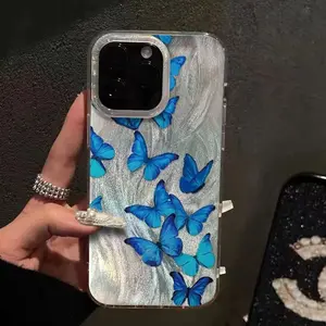 O'Case Butterfly iPhone Case with Flowing Gradient Silver Background, Blue Demure Elegant Butterflies on Silk-Like Laser Glow, Anti-Drop Anti-Yellow Clear Cutout for iPhone 17 16 15 14 Promax Pro, Gift for Women Girls Teens Birthday