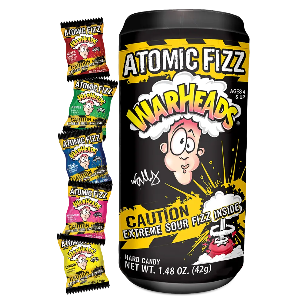 WARHEADS Atomic Fizz Extreme Sour Fizzing Hard Candy Sour Apple Black Cherry Blue Raspberry Lemon Watermelon Flavors 1.48 oz Canister Bonbon Sweet Snack Fruity Bulk