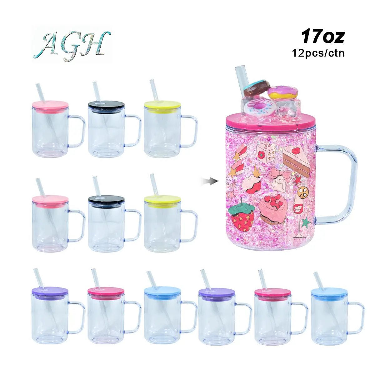 AGH US NEW Collection 12PCS 17 OZ Double walled Snow Globe handle tumbler For lava drip glitter Custom DIY