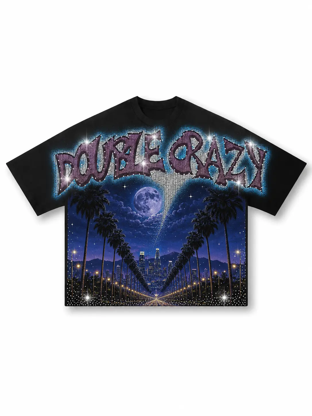 [NO RHINESTONES] Y2K Streetwear Retro LA Skyline Double Crazy Heavyweight Graphic Tee | Premium Gildan Cotton Blend Oversized T-Shirt | Rhinestone Sparkle Rap Tee Aesthetic Unisex Apparel