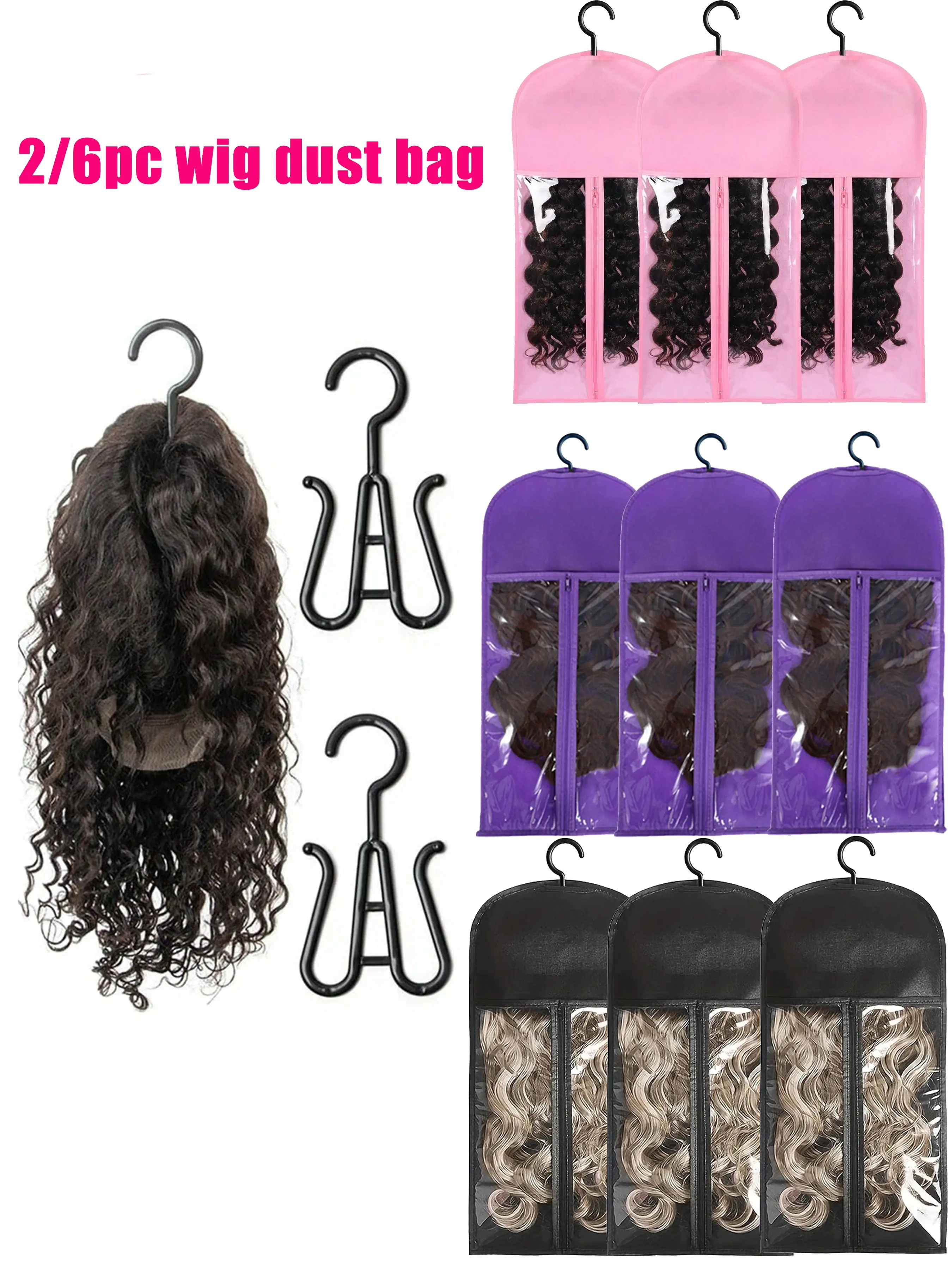 2/6PCS Hanging Wig Storage Bag, Zippered Household Dust Cover with Dustproof Design and Clear Window, Closet Organizer Garment Bag for Wigs & Hair Extensions, Travel Friendly, Home Salon Storage