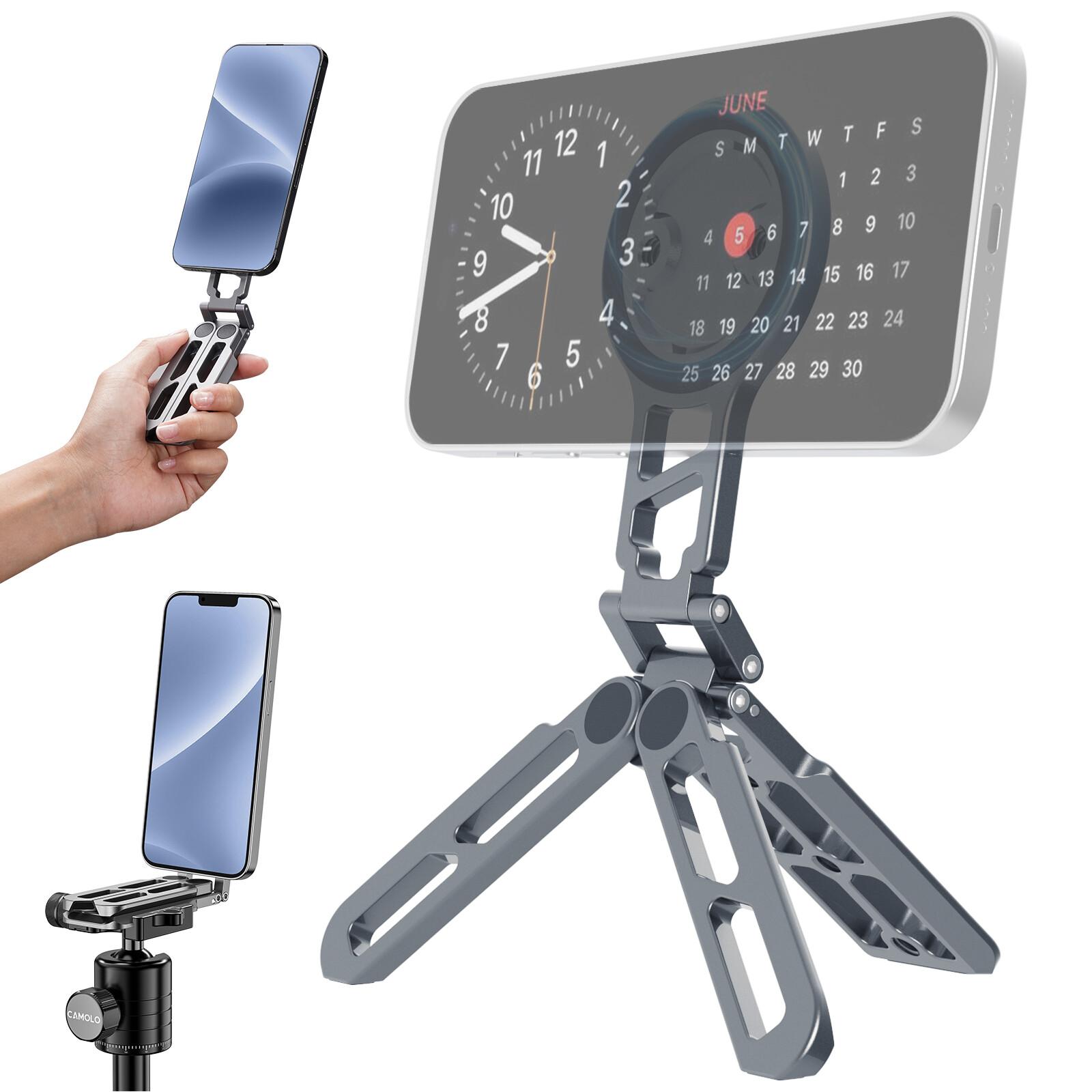 CAMOLO Magnetic Pocket Phone Tripod Foldable Stand with Hook, MG-07/MG-05G Phone Holder Compatiable with Magsafe for iPhone 16 15 14 13 12 Pro Max Plus Series, 1/4" Screw Tripod Mount, 2-in-1 Dual Magnetic for iPhone 15/14/13/12 Plus Pro Max Series / ipad