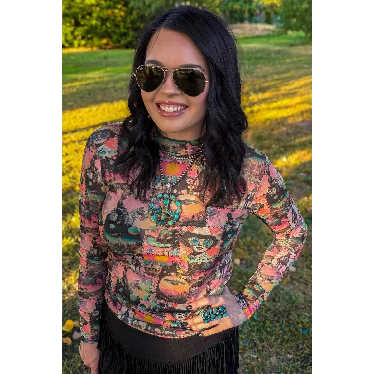Women's Long-Sleeve Mesh Western Clothing Top - Cosmic Cowgirl Style
