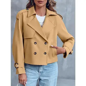 Women Crop Double Breasted Trench Coat Raglan Sleeve Work Office Cropped Jacket With Pockets