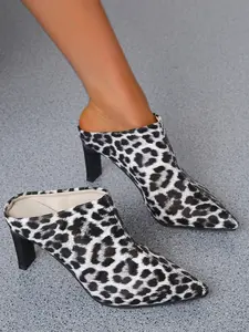 New European Style Leopard Print Pointed Toe Heeled Sandals, Women's Open Back Mules, Casual High Heel Shoes for Office Wear