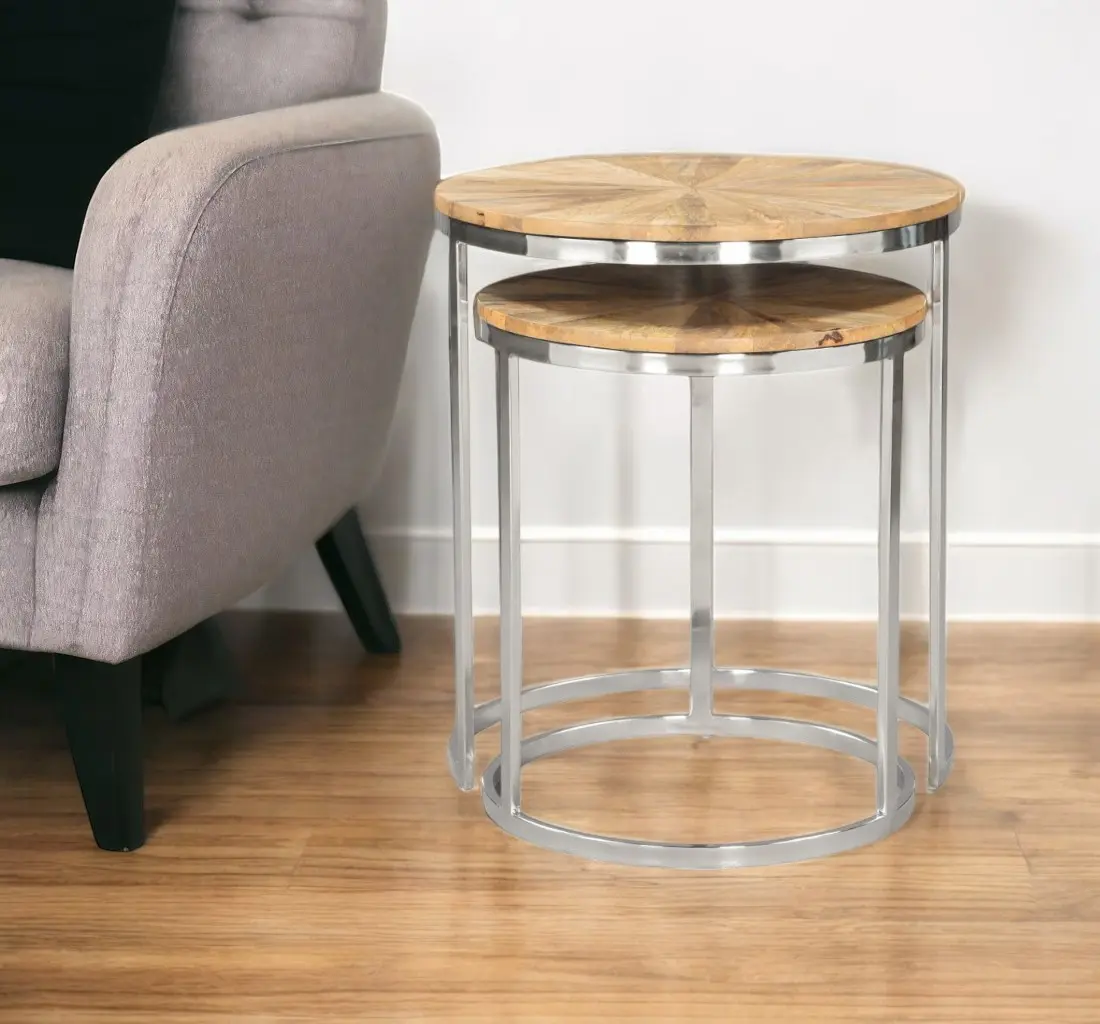 360 Stand 2-Piece Modern Round Acacia Nesting Tables Set of 2, Natural Finish, Silver Iron Frame, Solid Wood Furniture, 360-Degree Rotating Stand, Indoor Nightstands, Snack Tables