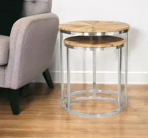 360 Stand 2-Piece Modern Round Table Nesting Set, Natural Finish, Silver Iron Frame, Solid Wood Construction, 360-Degree Rotating Stand Indoor Nested Tables