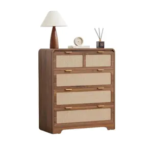 Giratree 35" Tall Mid-Century Modern Dresser, 4/5/6-Drawer Chest with Natural Linen & Curved Wood, Clothes Storage Organizer for Bedroom/Living Room/Hallway