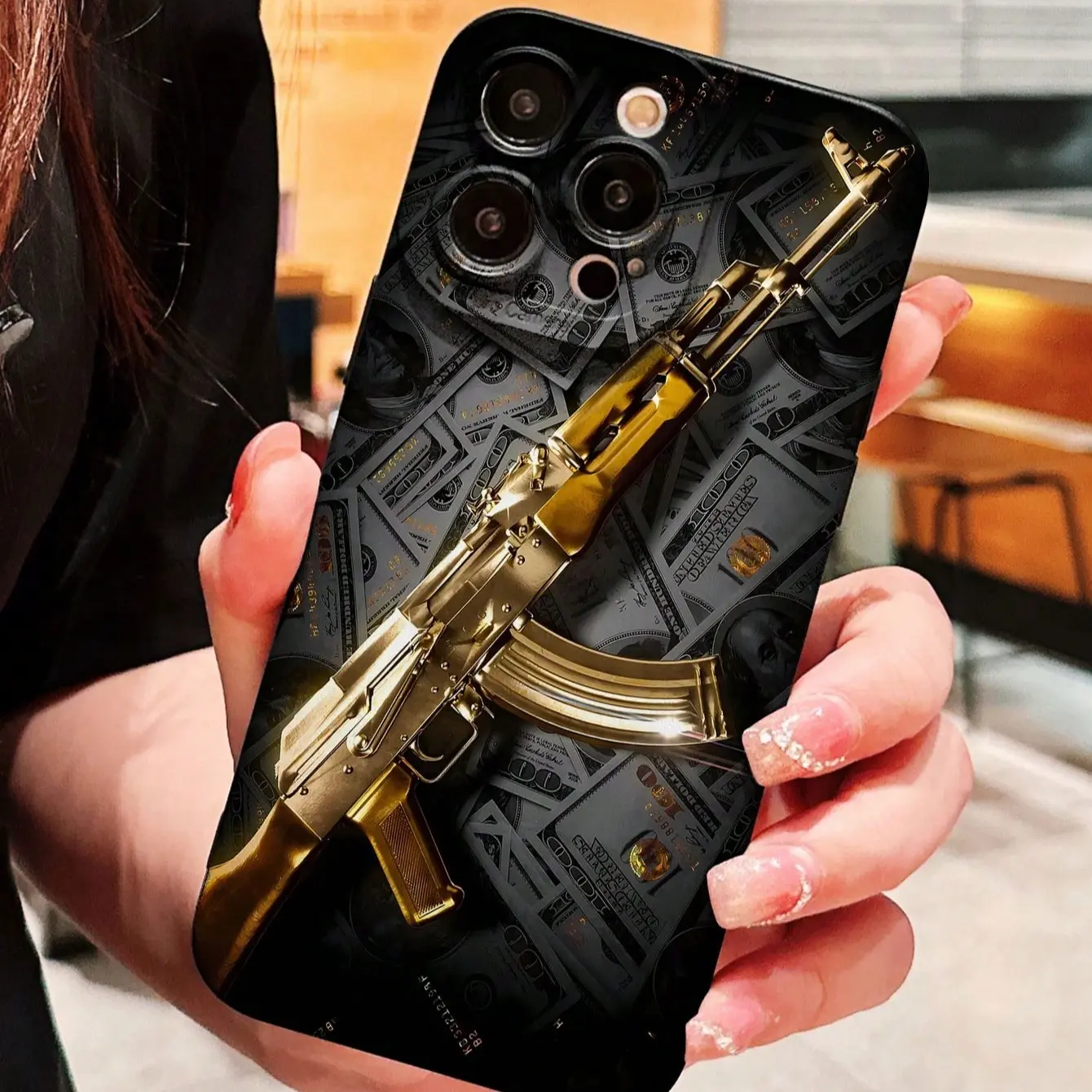 Apple and Galaxy S Series Smartphone Phone Case Cover with Dollar and Gun Design, Frosted Anti-Slip Protective Case for iPhone 17 Pro Max, Samsung S25 Ultra, Anti-Drop and Fingerprint Resistant