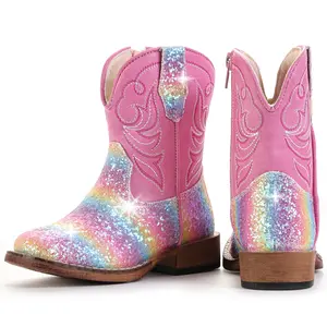 IUV Girls Cowgirl Boots Toddler Boys Cowboy Boots for Little Big Kids Western Square Toe Riding Mid Calf Boot Child Mid Calf Glitter Toddler Cowboy Boot  SummerVibes