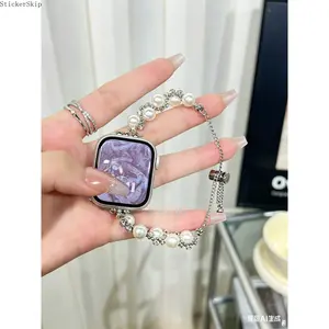 2026Pearl & Rhinestone Apple Watch Band - Silver Chain Bracelet for Women, Adjustable Slider Strap Fits iWatch Series 10 9 8 7 6 SE Ultra, Elegant Wristband for Bridal & Date Nights