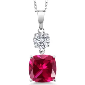 Gem Stone King 925 Sterling Silver Red Created Ruby and Lab Grown Diamond Pendant for Women | 5.74 Cttw | Gemstone July Birthstone | Cushion 10MM