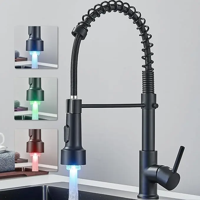 1pc ATSHOWER Matte Black LED Kitchen Faucet Single Handle Pull Down Sprayer LED Temp Light Brass Flexible Spring Hose Dual Water Sprayer Deck Mount High Arc Mixer Tap For Kitchen Sink Laundry RV Farmhouse Home