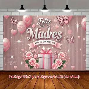 Elegant Spanish Happy Mother's Day & Birthday Flower Banner - 1pc Polyester Decoration with Pink Roses, Hearts, Butterflies, Pastel Pink, Golden Glitter, Floral Backdrop for Indoor/Outdoor Festive Use