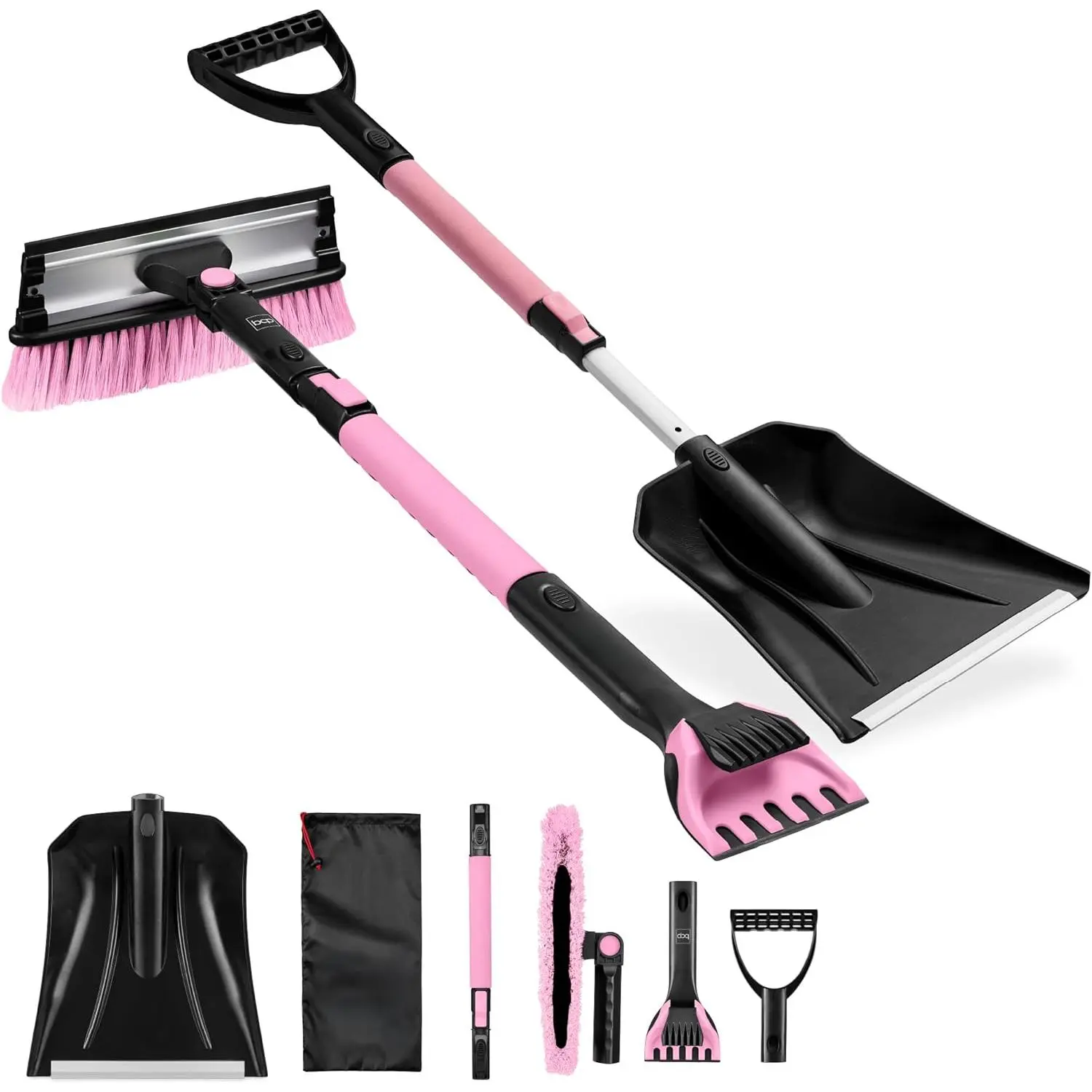 4-in-1 Portable Snow Removal Tool with Shovel, Squeegee, Ice Scraper & Cleaning Brush, Up to 39in Extendable Foam Grip, 270° Pivoting for Car Truck SUV, Storage Bag Included - Pink