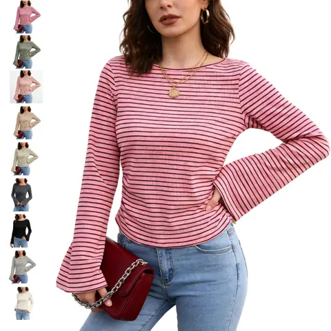 Mundoven Womens Long Sleeve Shirts 2026 Spring Crop Going Out Tops Casual Boat Neck Bell Sleeve Ribbed Ruched Y2K Clothes
