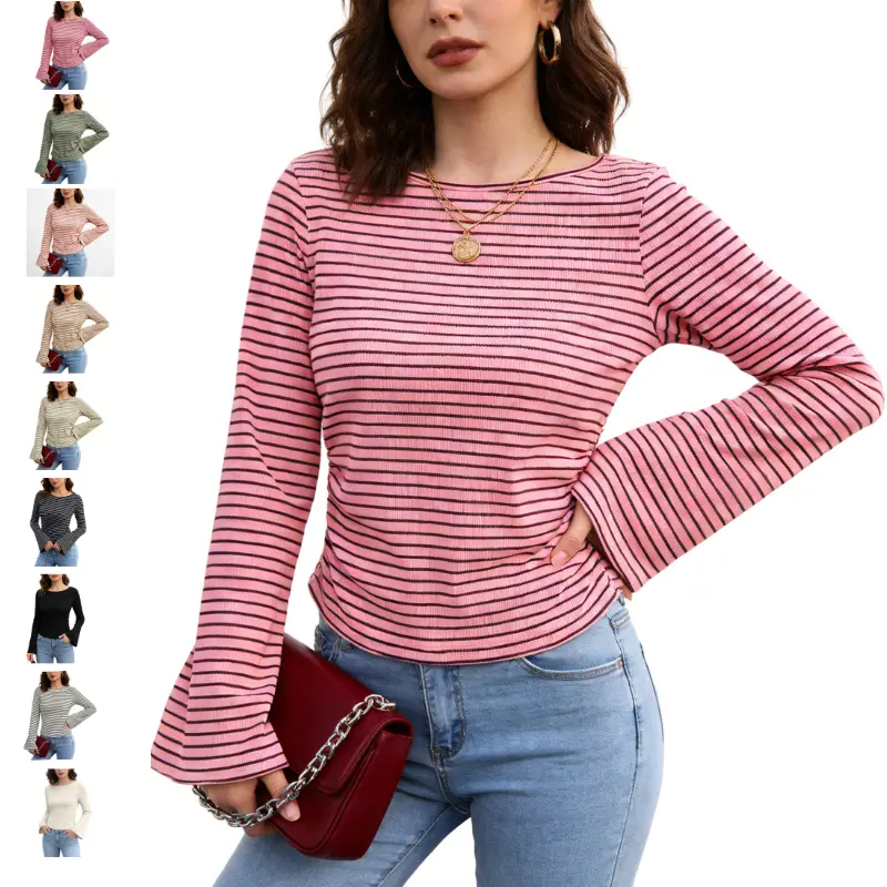 Mundoven Womens Long Sleeve Shirts 2026 Spring Crop Going Out Tops Casual Boat Neck Bell Sleeve Ribbed Ruched Y2K Clothes
