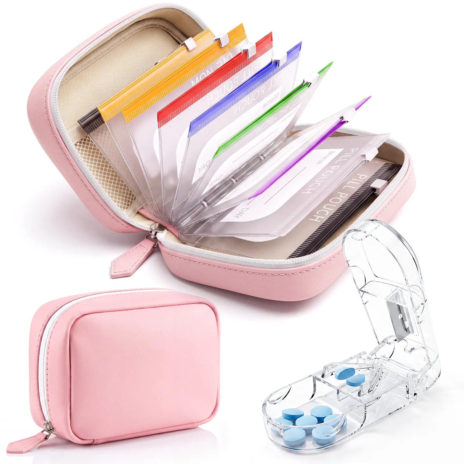 A8 Size Daily Pill Organizer with PU Shell & Zip, BPA-Free Waterproof Medication Storage, Pill Cutter Splitter, 14 Self-Sealing Pouch Bags & Labels for Travel Vitamins, With Zip