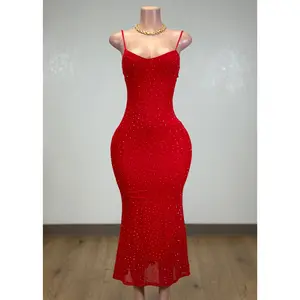 TILDE RED RHINESTONE EMBELLISHED MIDI DRESS