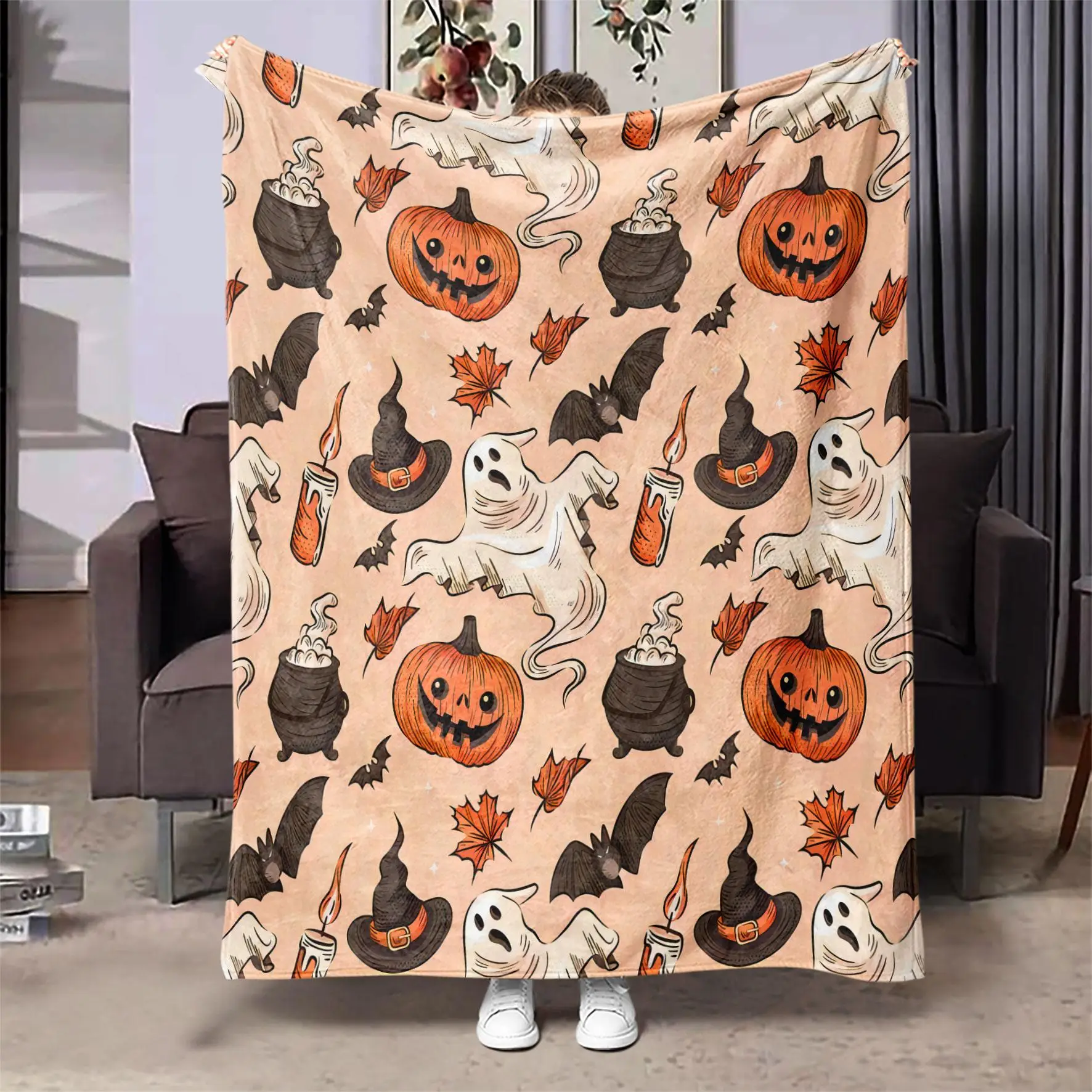 Cartoon Themed Blanket, 1 Count Lovely Pumpkins & Ghosts Pattern Soft Warm Nap Throw Blanket, Air-conditioned Room Blanket for Home Office Travel Camp