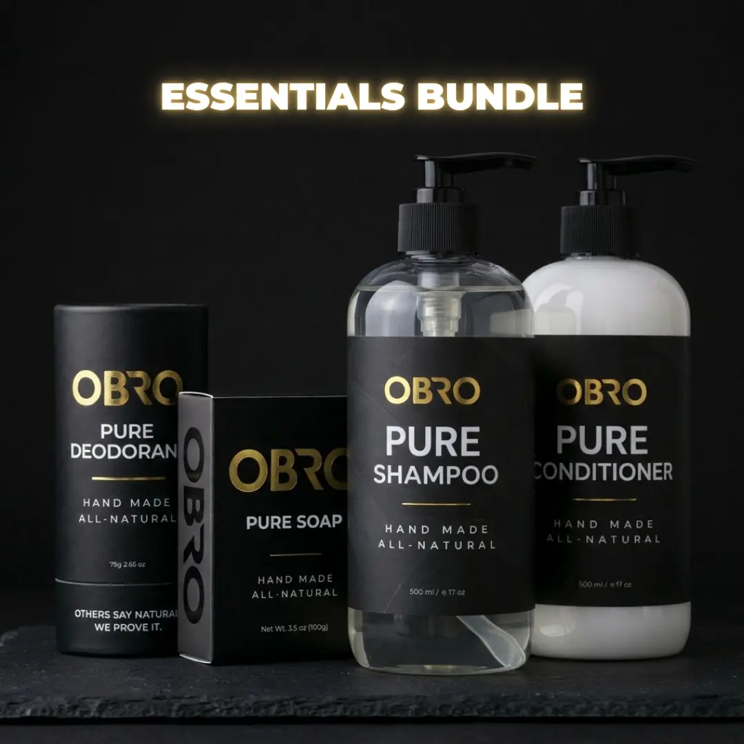 OBRO Pure Essentials 4-Piece Personal Care Bundle - Shampoo, Conditioner, Deodorant, Bar Soap