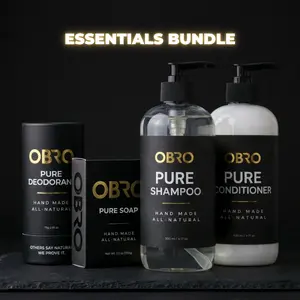 OBRO Pure Essentials 4-Piece Personal Care Bundle - Shampoo, Conditioner, Deodorant, Bar Soap