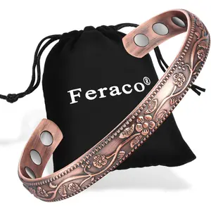 Feraco Copper Bracelet for Women,Vintage Flower Magnetic Cuff Bangle,99% Pure Copper with Neodymium Magnets, Adjustable with Gift Box, charm bracelets