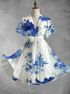 【Plus Size】 Floral Print V Neck Dress, Boho Casual Short Sleeve Dress for Spring & Fall, Women's Clothes for Daily Wear, Plus Size Dresses