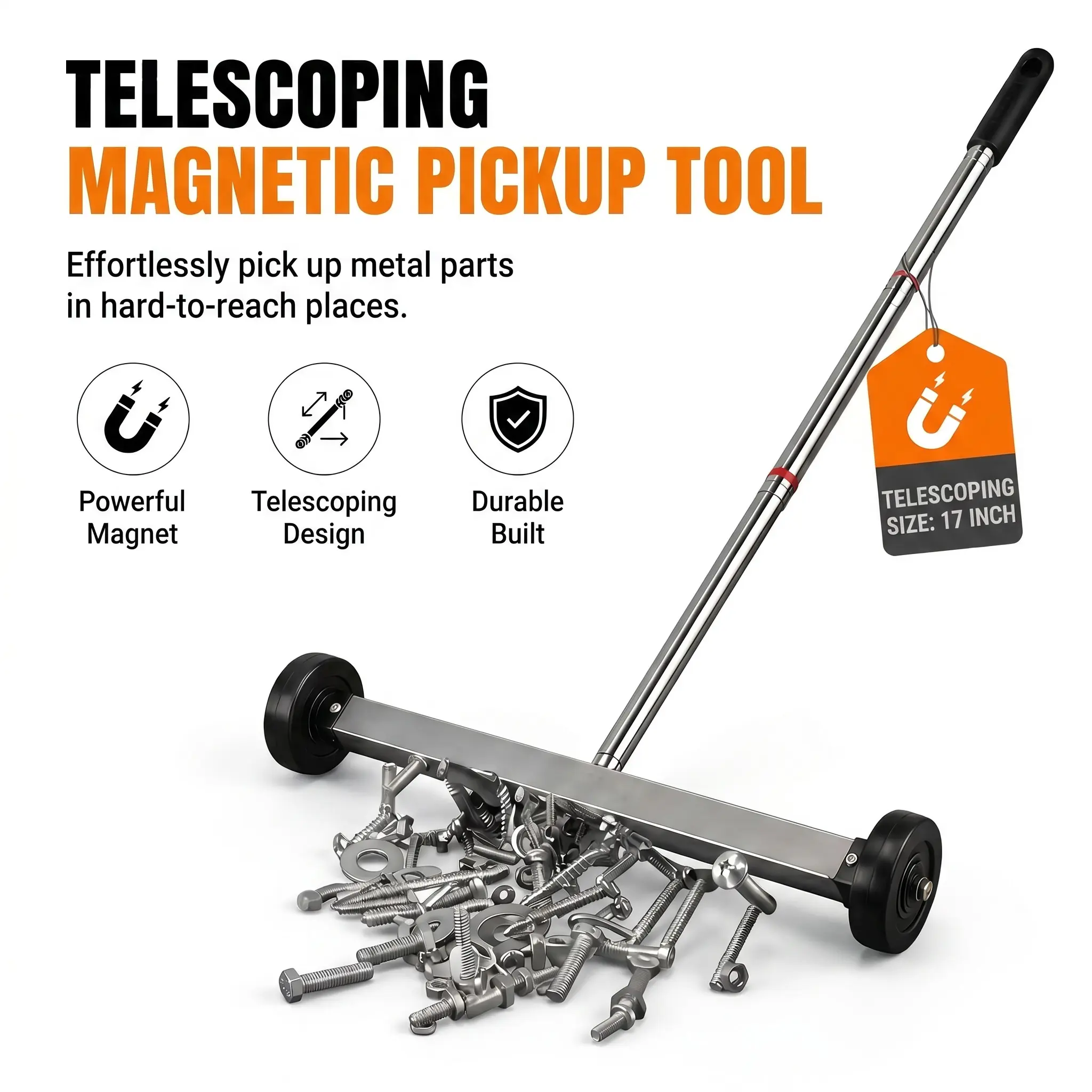 17-Inch Magnetic Pick Up Sweeper, Telescoping Adjustable Handle, 8.8-Lb Capacity Specialty Hand Tool for Lawn, Workshop, Garage Cleanup