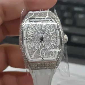 Franck Muller Vanguard V32 Automatic 18K White Gold Aftermarket Full Diamond Paved Case and Dial White Arabic Numerals White Strap Ladies Watch WHT031696