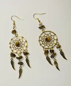 Golden Dreamcatcher Natural Gemstone Dangle Drop Earrings
