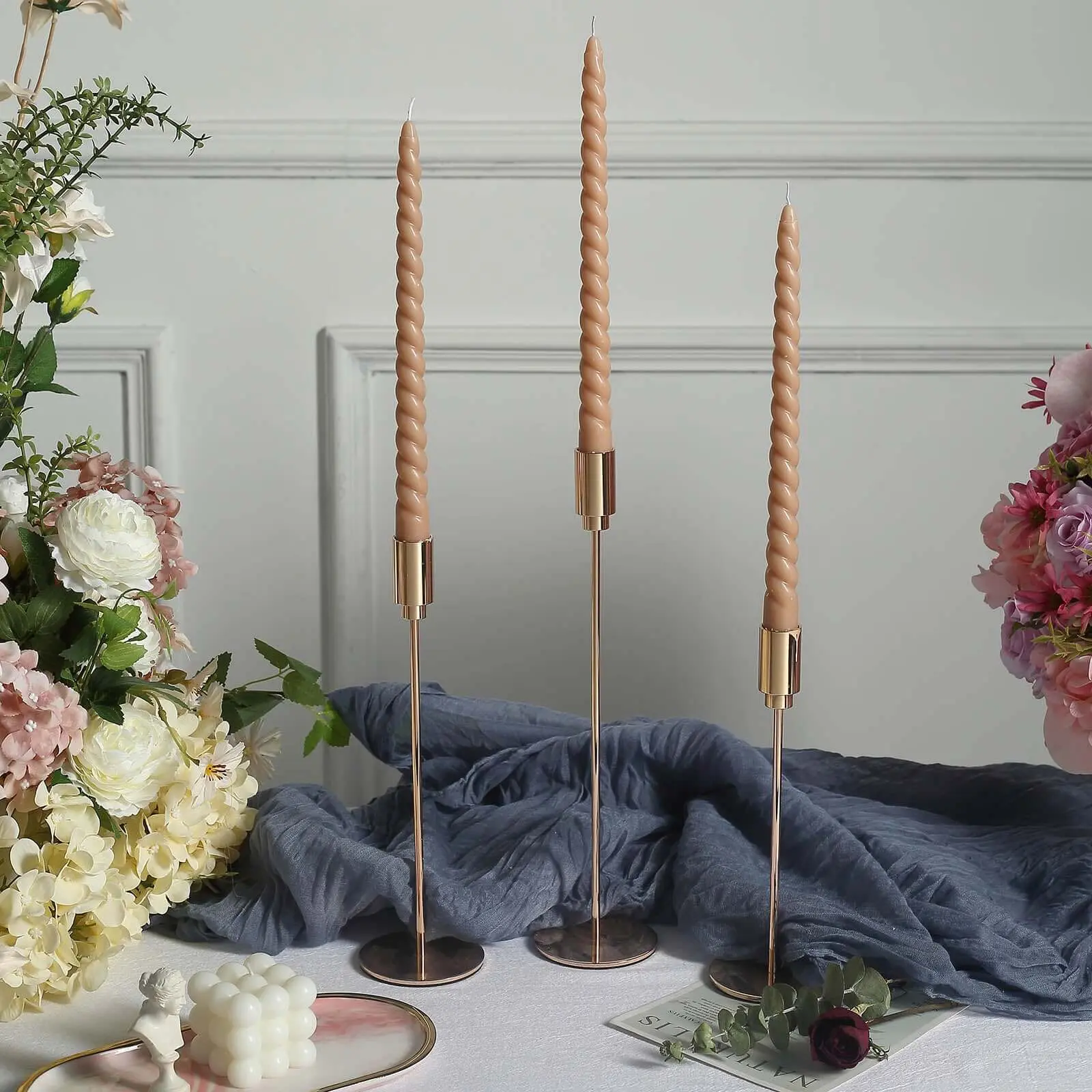 12-Pack Taper Candles 11" Spiral Long Burn Wick Design Beige - Premium Unscented Wax Dinner Candle Sticks