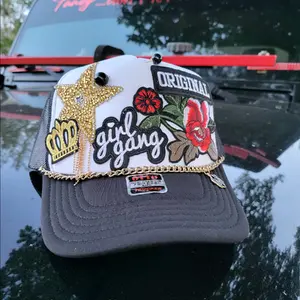 Original Girl Gang with tassel star and roses on Otto Trucker Hat. foam