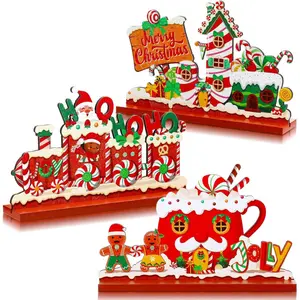 3 Pcs Christmas Wood Table Centerpiece Christmas Table Signs Christmas Tiered Tray Decor North Pole Village Candy House Santa's Hot Cocoa Cafe House Gingerbread Train Xmas Table Top Wooden Decor