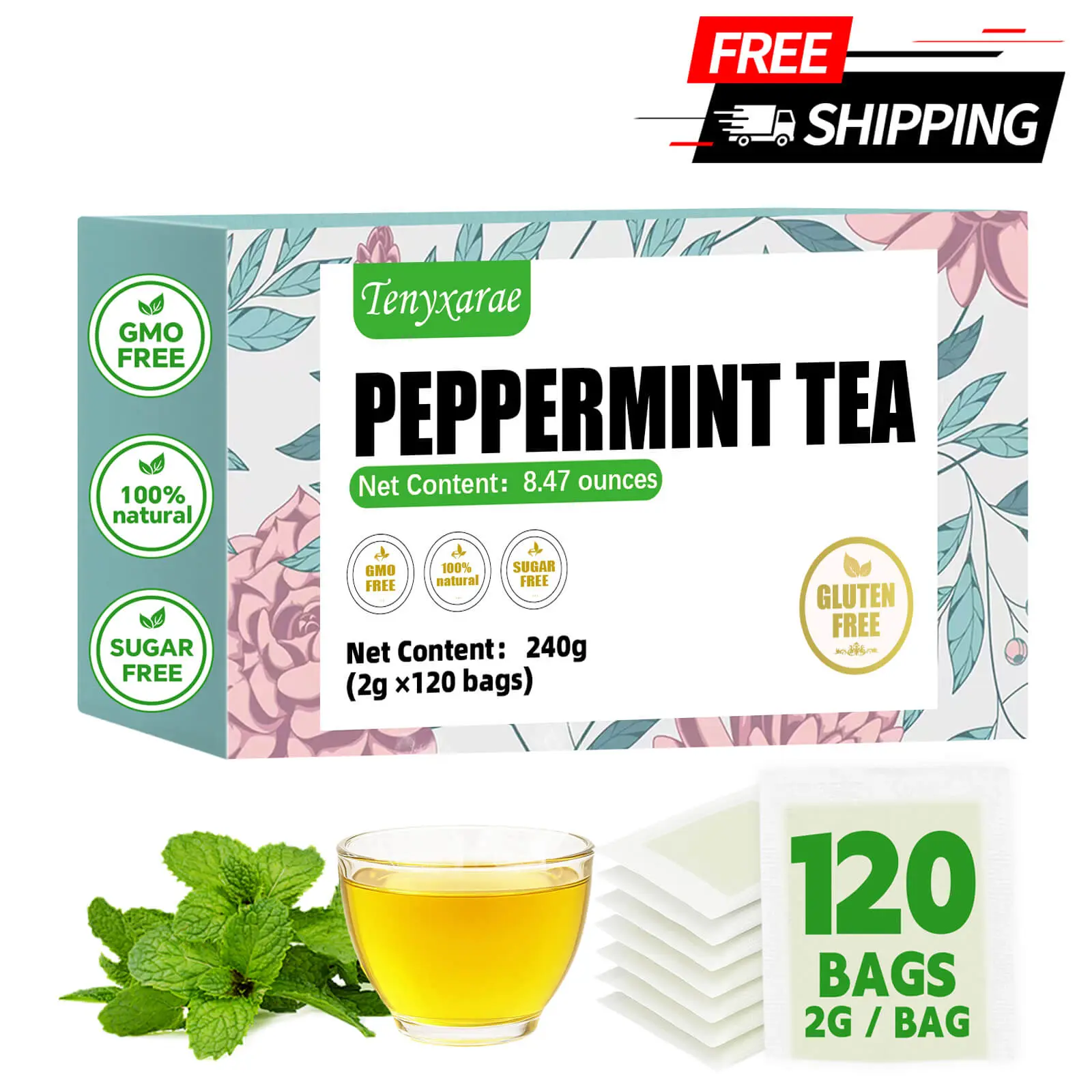 Organic Peppermint Tea Bags – 120 Teabags (2g/Bag) Made with 100% Natural Leaves | Caffeine-Free, Sugar-Free, Gluten-Free Vegan | Boosts Digestion & Improves Sleep | Individually Wrapped Eco-Friendly