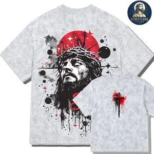 Vintage Mineral Wash Graphic Tee Oversized Streetwear T-Shirt Heavyweight Boxy Top Retro Gothic Jesus Christ Red Moon Print Religious Crucifix Cross Luxury Washed Apparel summervibes☀️