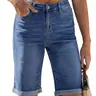 luvamia Women's High-Waisted Stretchy Bermuda Jean Shorts - 12'' Inseam Knee-Length, Rolled Hem, Basic Style with Pockets, Casual Summer Denim Shorts (Zipper Closure, Blouse-Friendly Pairing)