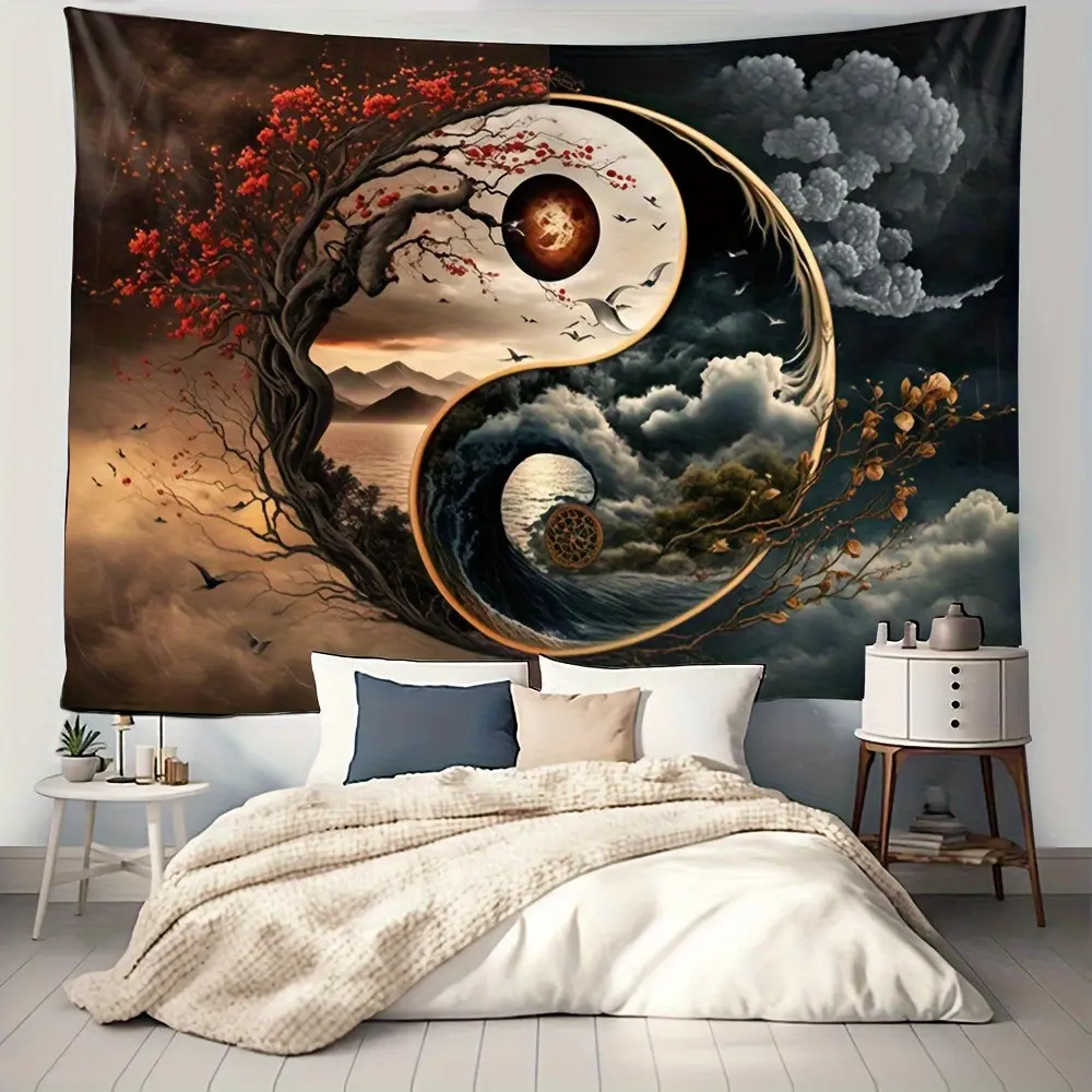 [Yin Yang Wall Decor] Traditional Yin Yang Tai Chi Tapestry - Fantasy Themed Chinoiserie Wall Hanging Decor for General Fit - Polyurethane Fabric Art Mural for Home, Office, Meditation Space - No Electricity Required Non-Feathered Decorative Tapestry