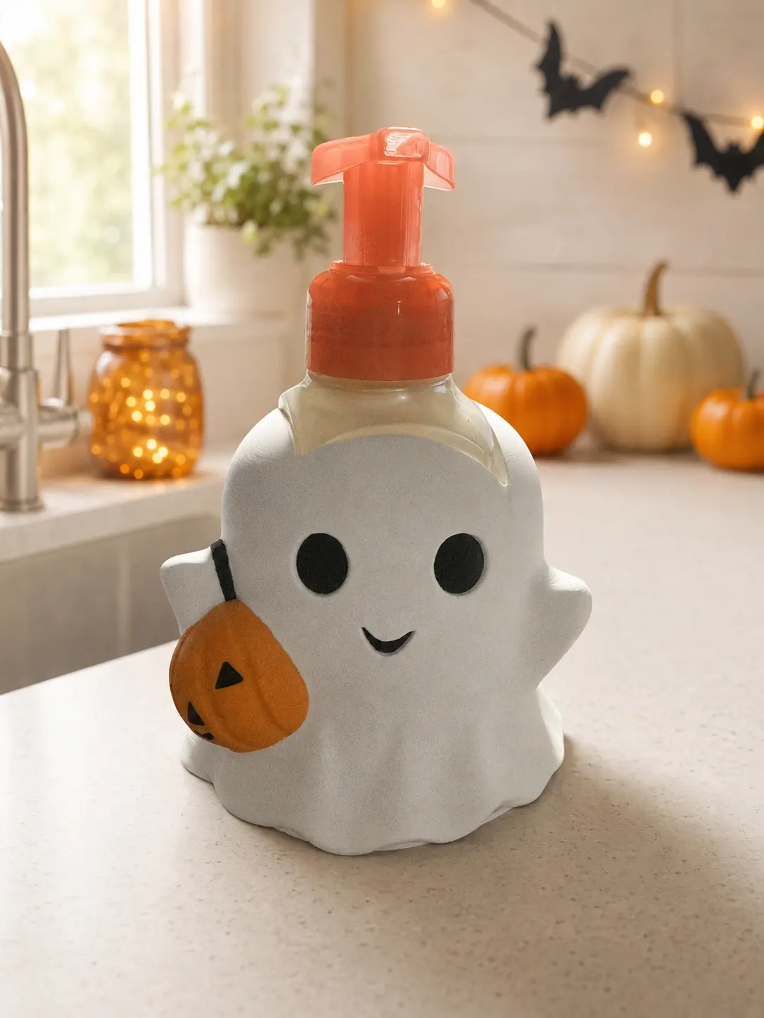 3D Printed Halloween Ghost Face Soap Dispenser with Pumpkin, Hand-Foaming Soap Holder, Tabletop Bathroom-Kitchen Home Supply