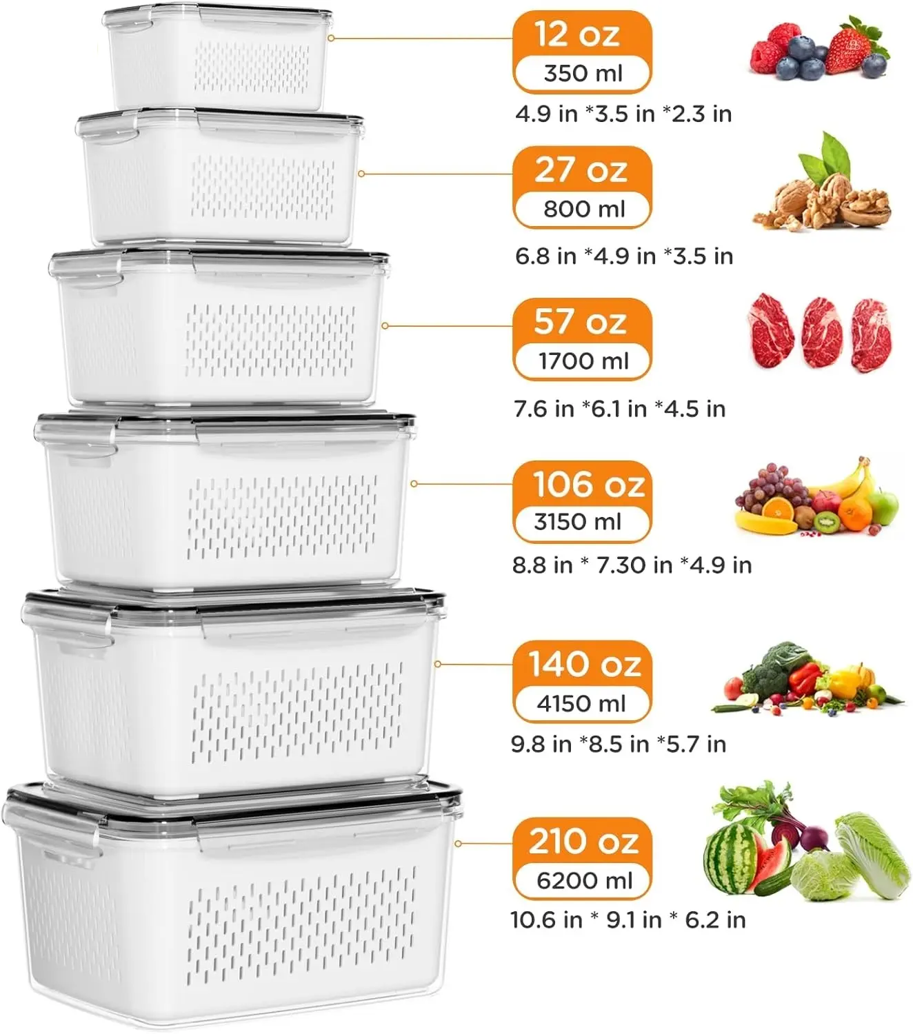 6 Packs Large Fruit Containers for Fridge - Leakproof Food Storage Containers with Removable Colander - Dishwasher & microwave safe Produce Containers Keep Fruits, Vegetables, Berry, Meat Fresh longer  Kitchen Utensils