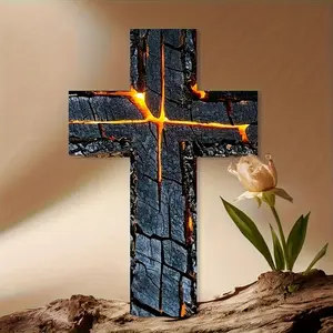 1 piece of retro wooden cross wall decoration 20.32x30.48 cm - Luminous effect simulation wood religious decoration, suitable for living rooms, bedrooms - Indoor holiday decoration: Halloween, multi occasion home decoration