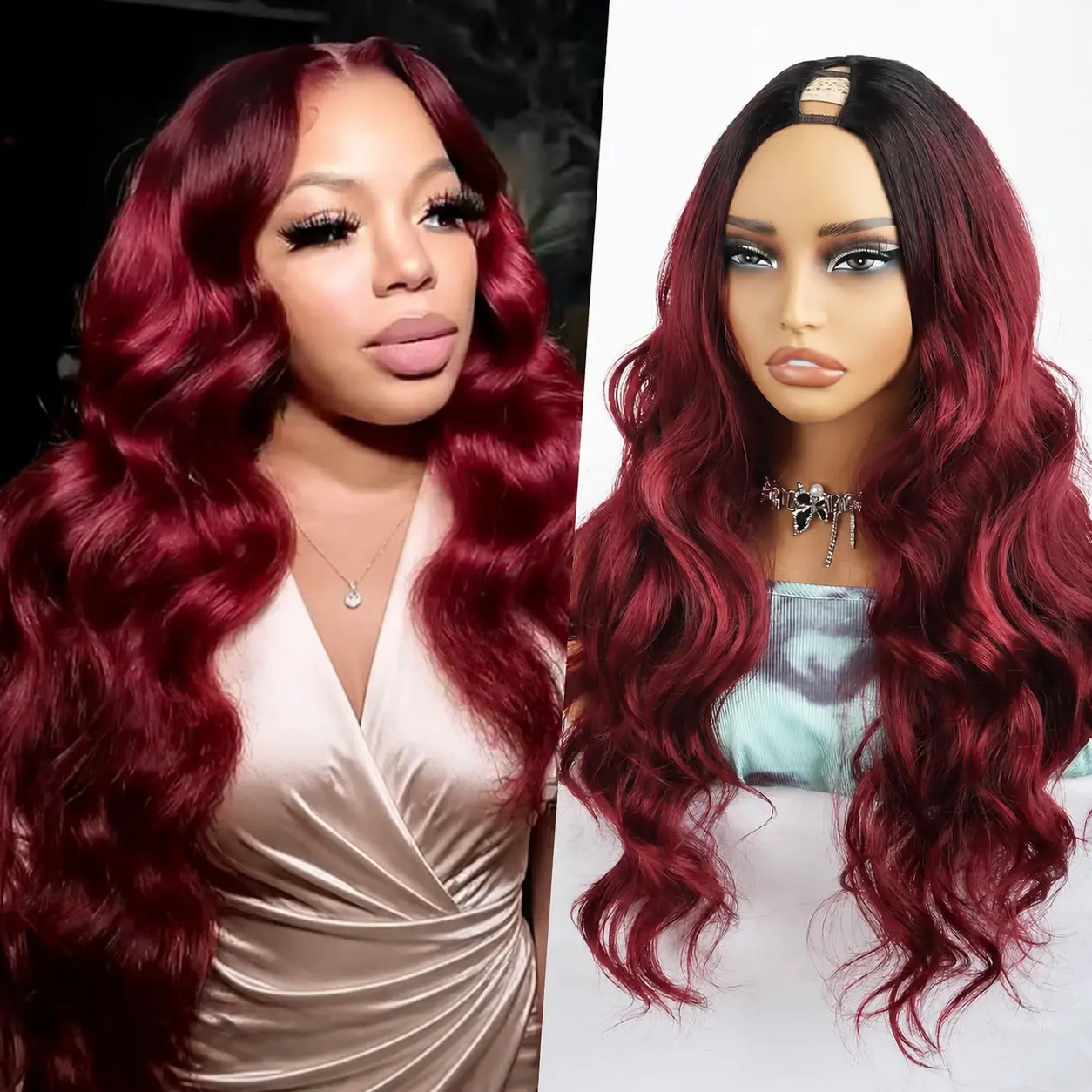 BUG V Part Wig Long Body Wavy Wig Upgrade U Part Synthetic Hair for Black Women Burgundy 26Inch Curly Full Head Clip In Hair Glueless Natural Wavy Women Wigs