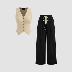 Cider [size 2-26] Cotton-blend V-neck Solid Button Vest & Mid Rise Knotted Pocket Straight Leg Trousers Set