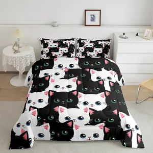 Cartoon Animal Print Full-Size Cat Bedding Comforter Set - Kawaii Themed Room Decor, All-Season Lightweight Microfiber Bedding Sets