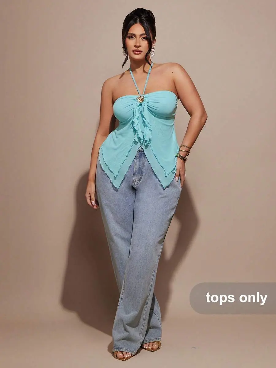 SHEIN BAE Plus Size Women's Light Teal Ruffle Asymmetrical Halter Top, Summer Night Out Club Elegant Party Beach Vacation Birthday Festival