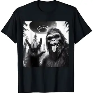 Funny Sasquatch Bigfoot Rock On Selfie With UFO Alien T-Shirt Fashion Unisex T-shirts M-5XL Premium Fabric All-Day Comfort Classic Crew Neck Short Sleeves