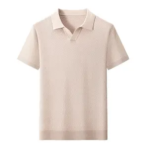 Kyn Apparel New Summer Seagull Collar Pineapple Knit Short Sleeve T-Shirt, Fashion Men's V-Neck Polo Shirt