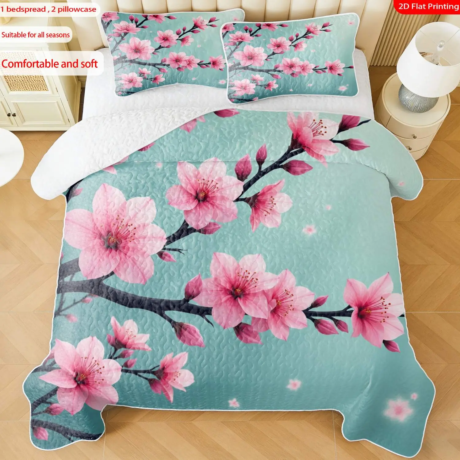 3 pcs, 2D Flat Print Cherry Blossom Pattern Bedspread Set, Soft and Comfortable, Multiple Sizes Available, Suitable for Gifting and Daily Use, Ideal for Creating a Cozy Home Atmosphere(1 bedspread , 2 pillowcases)